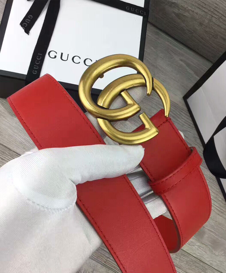 Gucci Leather belt with double G buckle Red