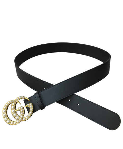 Gucci Leather belt with pearl Double G Black