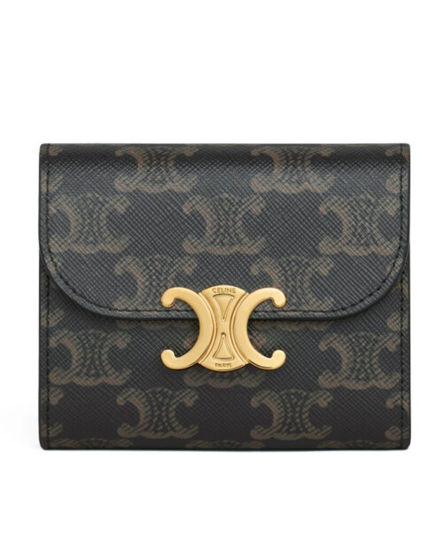 Celine Celine Triomphe Small Flapped Wallet With Logo Print 10D782 Coffee