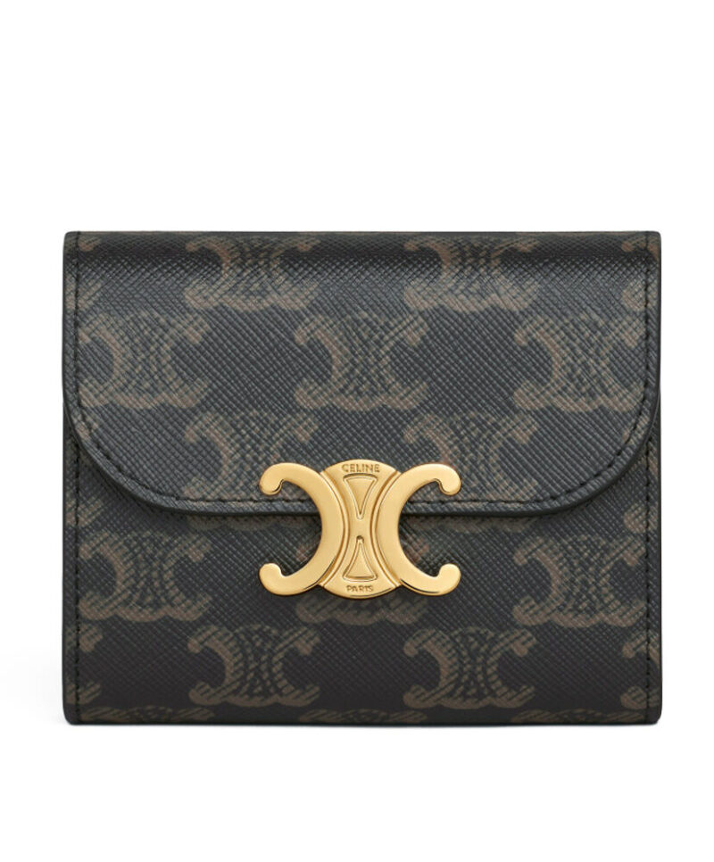 Celine Celine Triomphe Small Flapped Wallet With Logo Print 10D782 Coffee