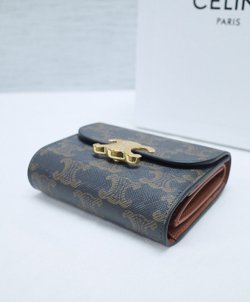 Celine Celine Triomphe Small Flapped Wallet With Logo Print 10D782 Coffee