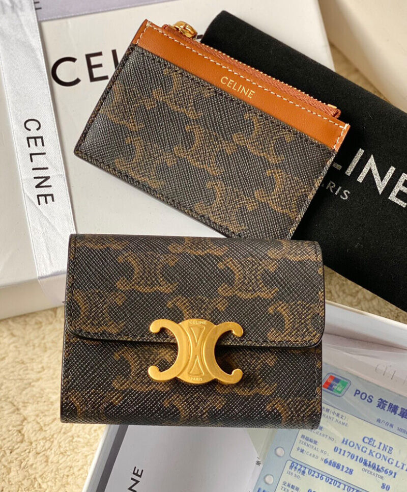 Celine Triomphe Logo Print Compact Coin Purse 10I652 Coffee