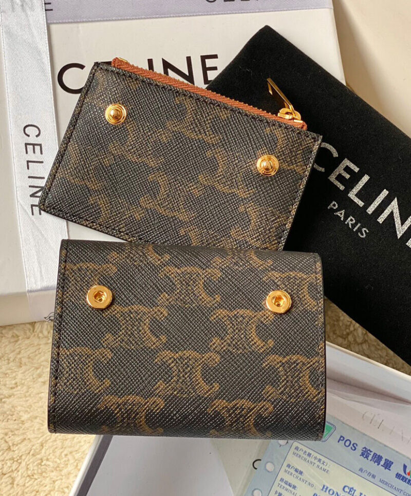 Celine Triomphe Logo Print Compact Coin Purse 10I652 Coffee