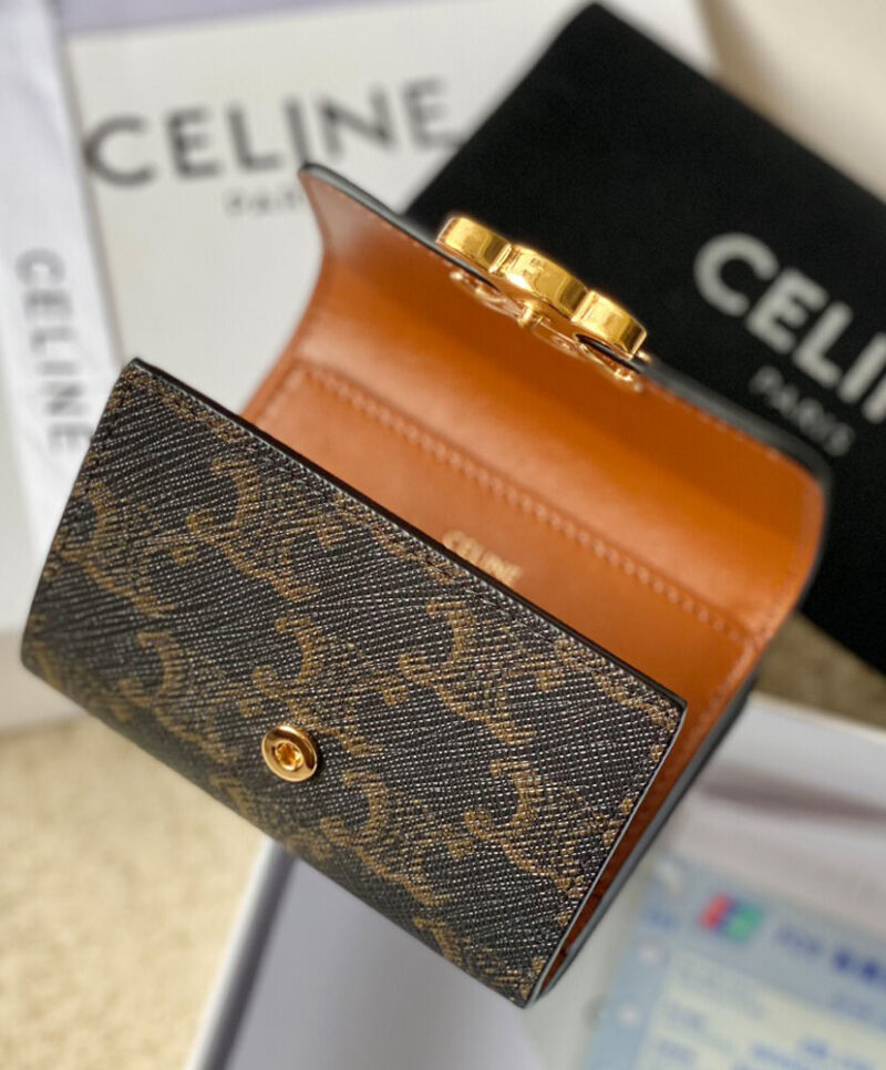 Celine Triomphe Logo Print Compact Coin Purse 10I652 Coffee