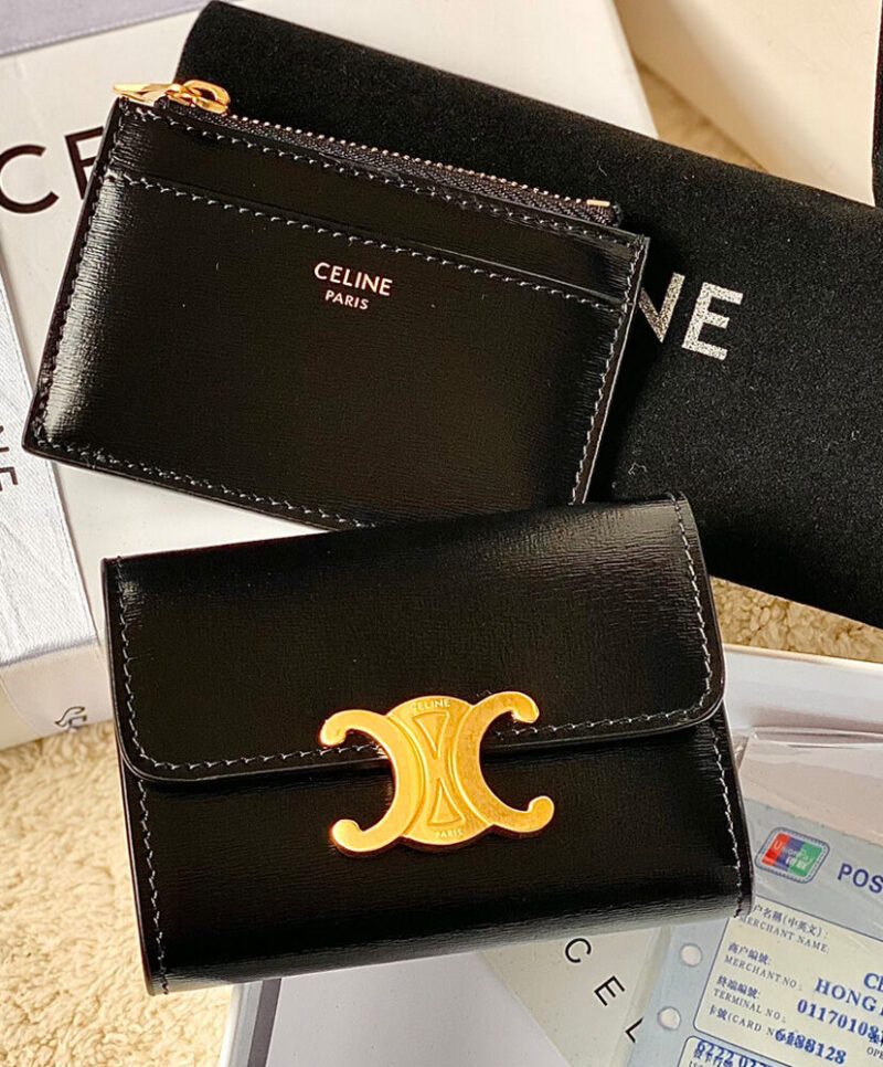 Celine Compact Wallet Triomphe In Shiny Calfskin 10I653 Black