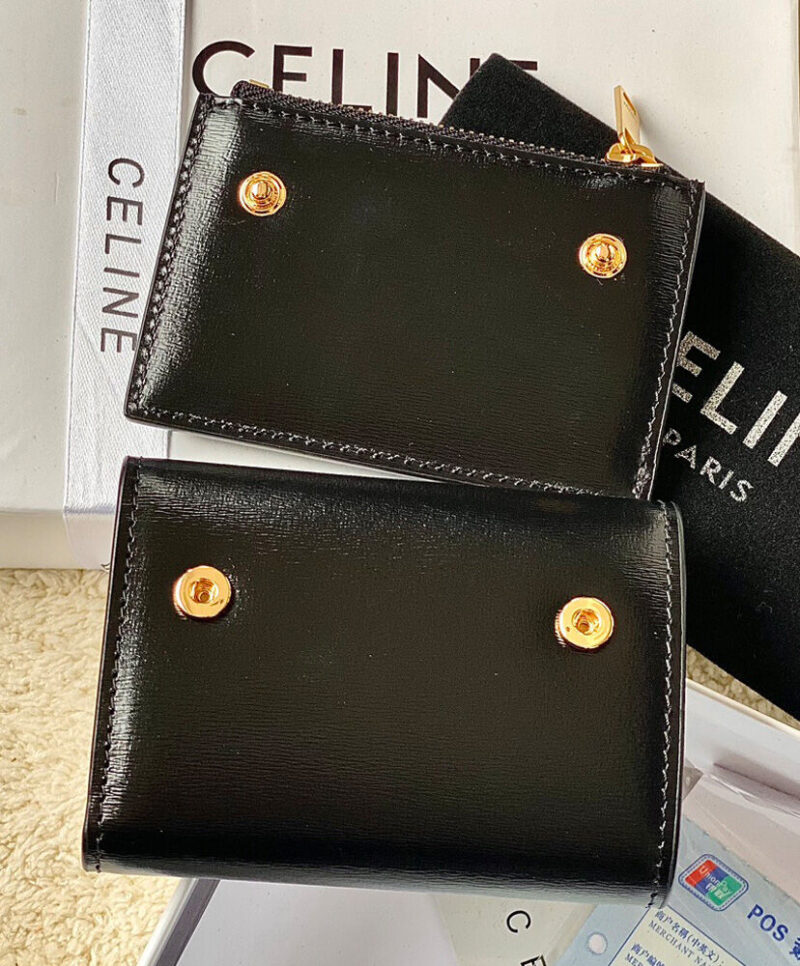 Celine Compact Wallet Triomphe In Shiny Calfskin 10I653 Black