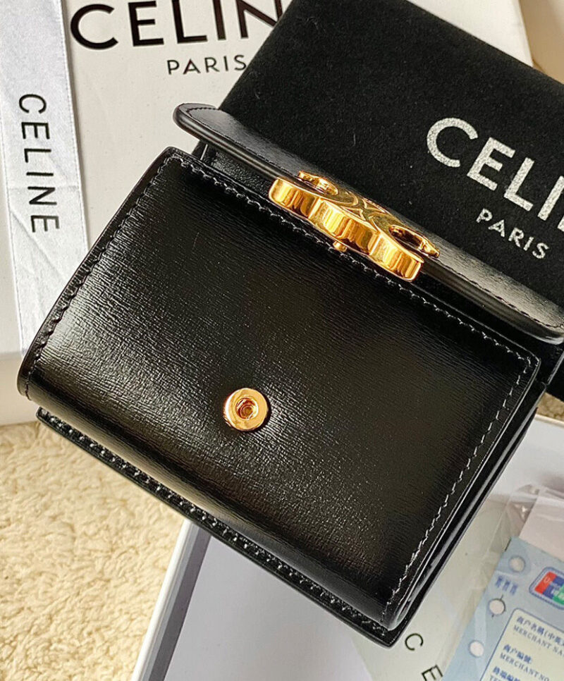 Celine Compact Wallet Triomphe In Shiny Calfskin 10I653 Black