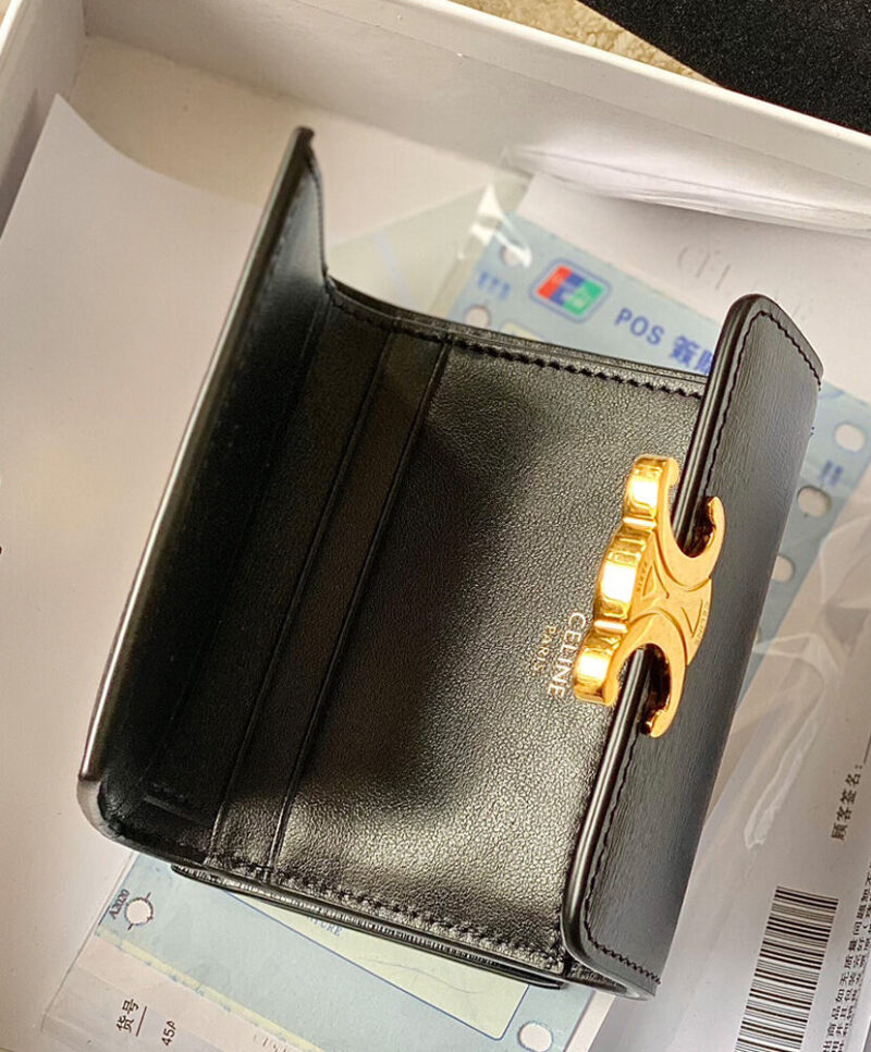 Celine Compact Wallet Triomphe In Shiny Calfskin 10I653 Black