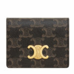Celine Triomphe Business Card Holder In Triomphe Canvas And Lambskin 10M122 Coffee