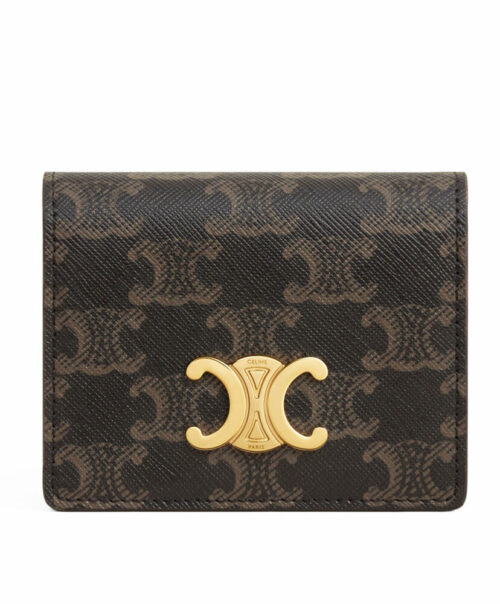 Celine Triomphe Business Card Holder In Triomphe Canvas And Lambskin 10M122 Coffee
