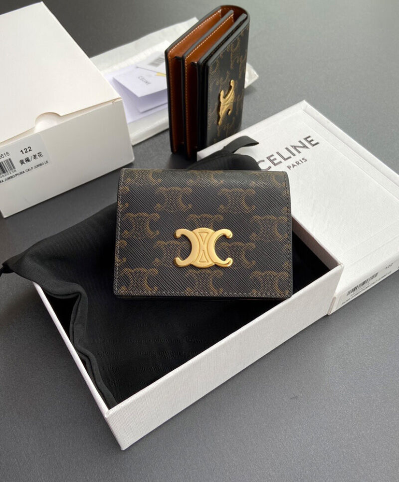 Celine Triomphe Business Card Holder In Triomphe Canvas And Lambskin 10M122 Coffee
