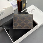 Celine Triomphe Business Card Holder In Triomphe Canvas And Lambskin 10M122 Coffee