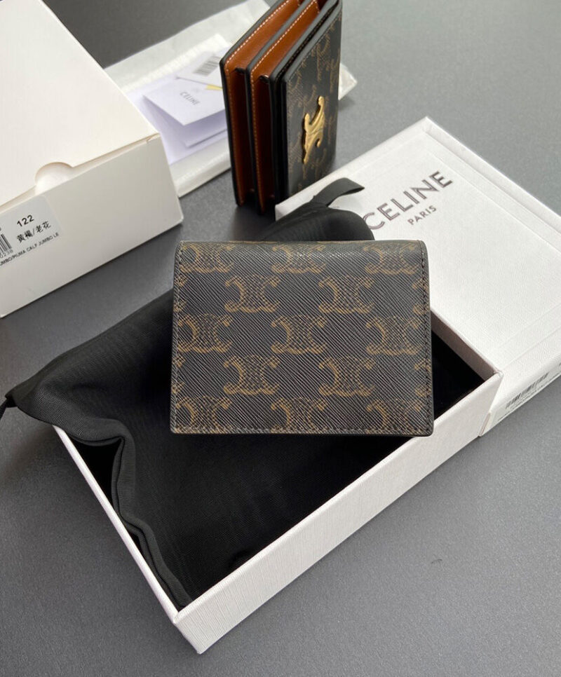 Celine Triomphe Business Card Holder In Triomphe Canvas And Lambskin 10M122 Coffee