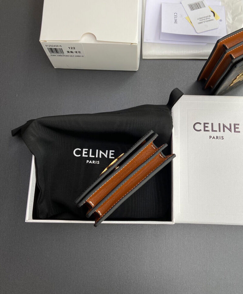 Celine Triomphe Business Card Holder In Triomphe Canvas And Lambskin 10M122 Coffee