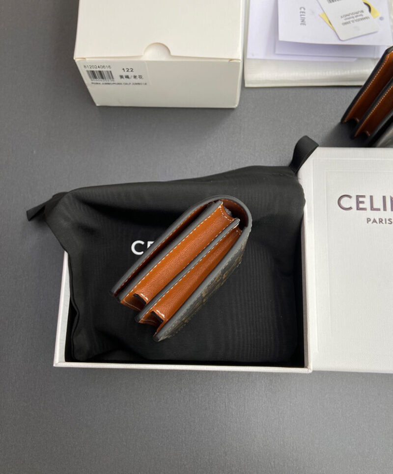Celine Triomphe Business Card Holder In Triomphe Canvas And Lambskin 10M122 Coffee
