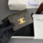 Celine Triomphe Business Card Holder In Triomphe Canvas And Lambskin 10M122 Coffee