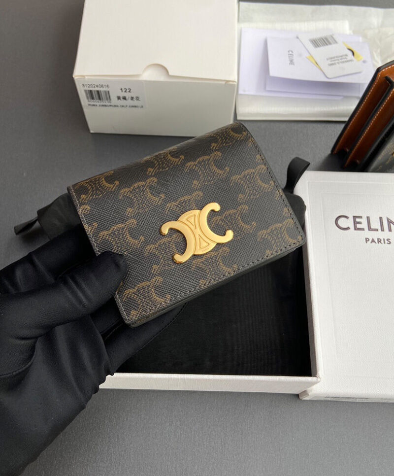 Celine Triomphe Business Card Holder In Triomphe Canvas And Lambskin 10M122 Coffee