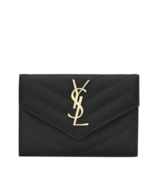 Saint Laurent Monogram Small Envelope Wallet In Grain De Poudre Embossed Leather Black