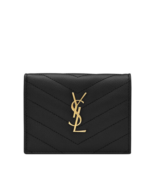 Saint Laurent Monogram Compact Tri Fold In Grain De Poudre Embossed Leather Black