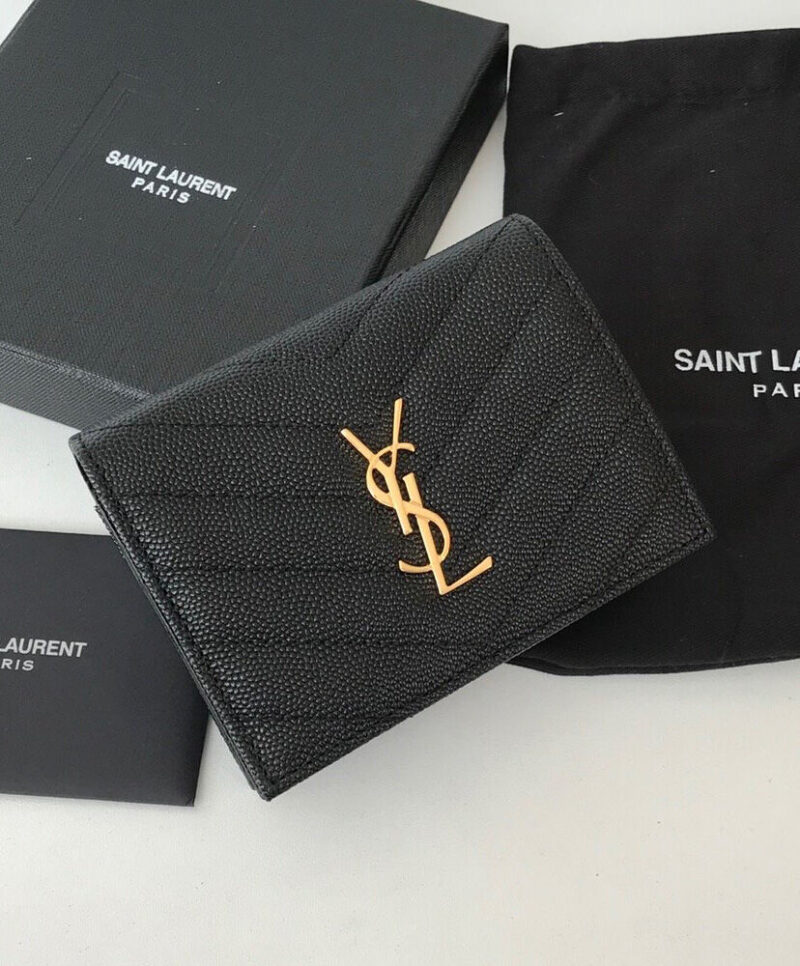 Saint Laurent Monogram Compact Tri Fold In Grain De Poudre Embossed Leather Black