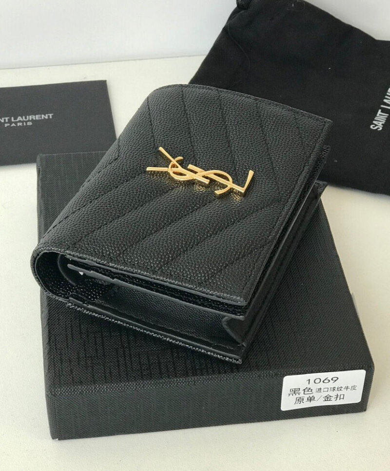 Saint Laurent Monogram Compact Tri Fold In Grain De Poudre Embossed Leather Black