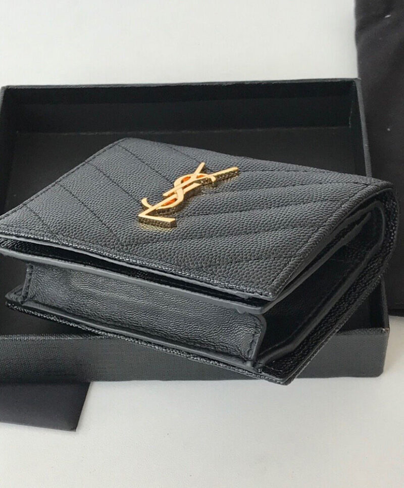 Saint Laurent Monogram Compact Tri Fold In Grain De Poudre Embossed Leather Black