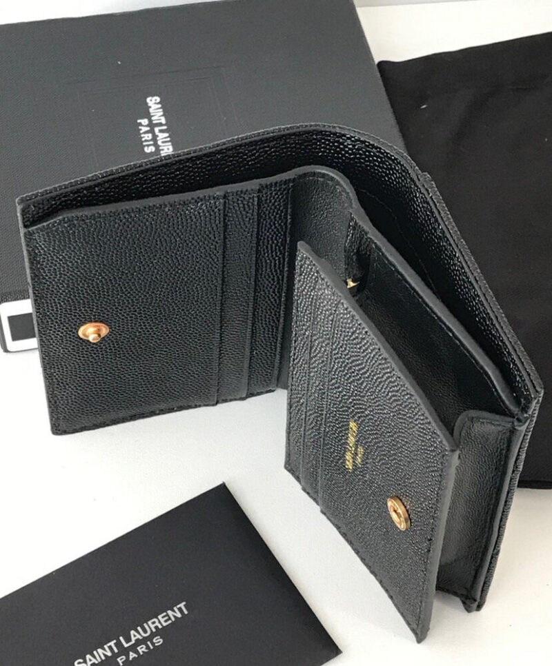 Saint Laurent Monogram Compact Tri Fold In Grain De Poudre Embossed Leather Black