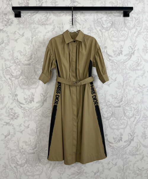 Christian Dior Women's Shirt Belt Midi Dress Khaki