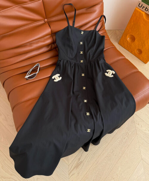 Chanel Women's Gold Buttoned Suspender Dress Black