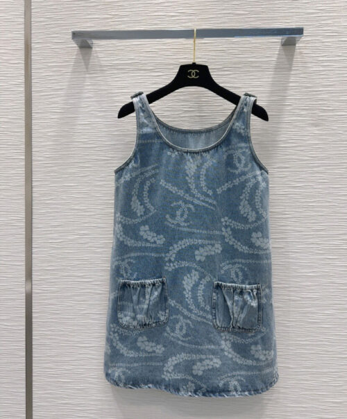 Chanel Women's Printed Denim Vest Dress Blue
