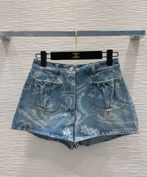 Chanel Women's Heavy Print Denim Shorts Blue