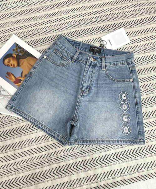 Chanel Women's Lettering Embroidered Denim shorts Blue
