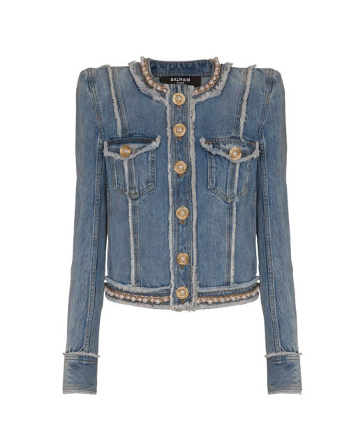 Balmain Women's Beaded Ribbon Denim Jacket Blue