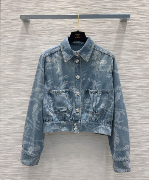 Chanel Women's Pearl Chain Print Denim Jacket Blue