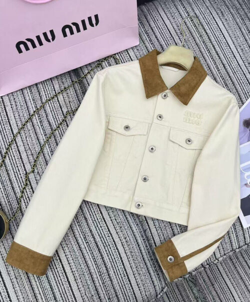 Miumiu Women's Denim And Leather Short Jacket Cream