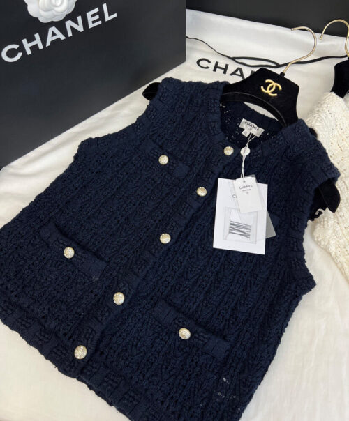 Chanel Women's Heavy Pearl Button Vest Dark Blue