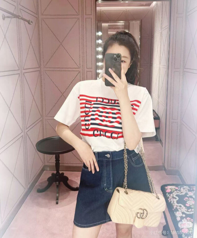 Gucci Women's Striped Lettering T-shirt White