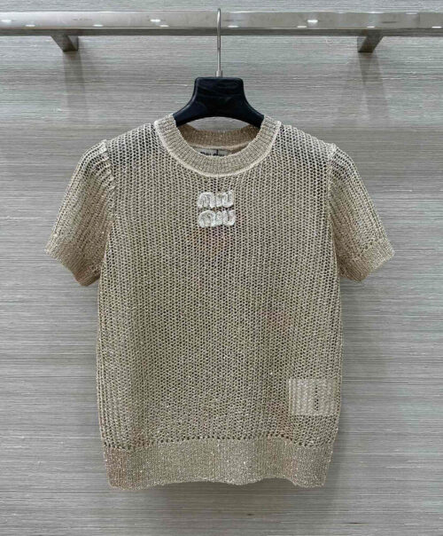 Miumiu Women's Lettering Embroidered Openwork Sweater Apricot