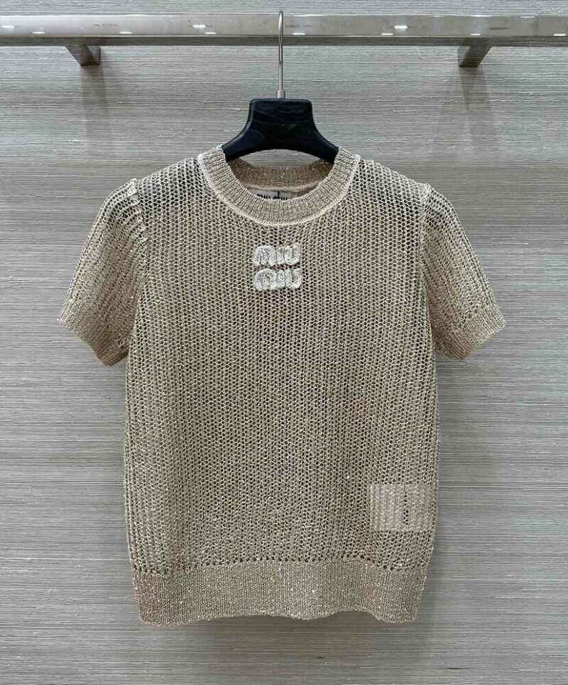 Miumiu Women's Lettering Embroidered Openwork Sweater Apricot
