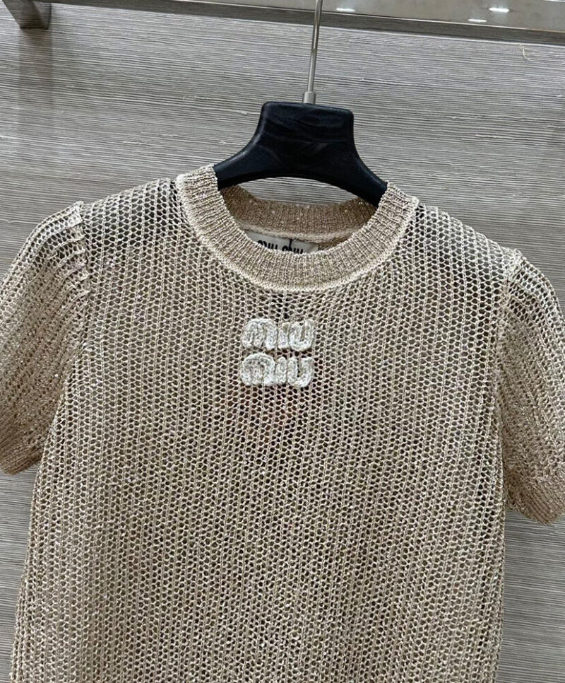 Miumiu Women's Lettering Embroidered Openwork Sweater Apricot