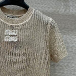 Miumiu Women's Lettering Embroidered Openwork Sweater Apricot