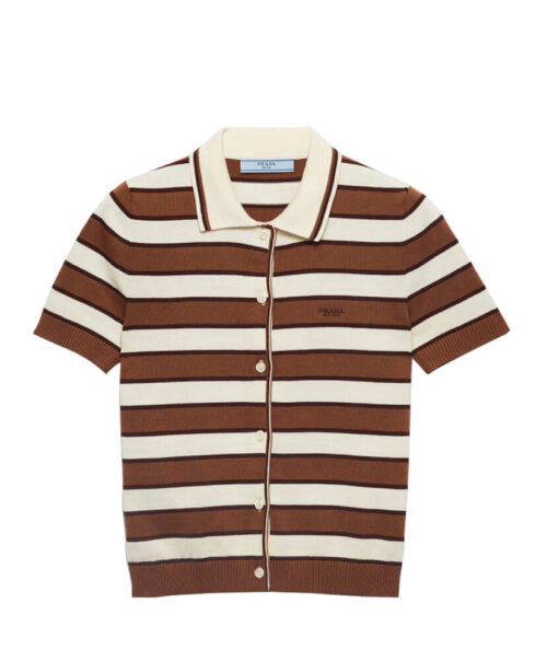 Prada Women's Short-sleeved Striped Cotton Cardigan Coffee