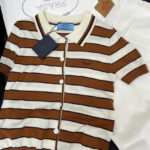 Prada Women's Short-sleeved Striped Cotton Cardigan Coffee