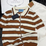 Prada Women's Short-sleeved Striped Cotton Cardigan Coffee