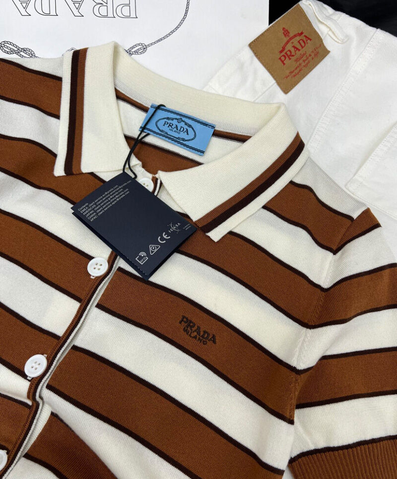 Prada Women's Short-sleeved Striped Cotton Cardigan Coffee