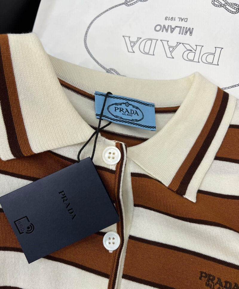Prada Women's Short-sleeved Striped Cotton Cardigan Coffee