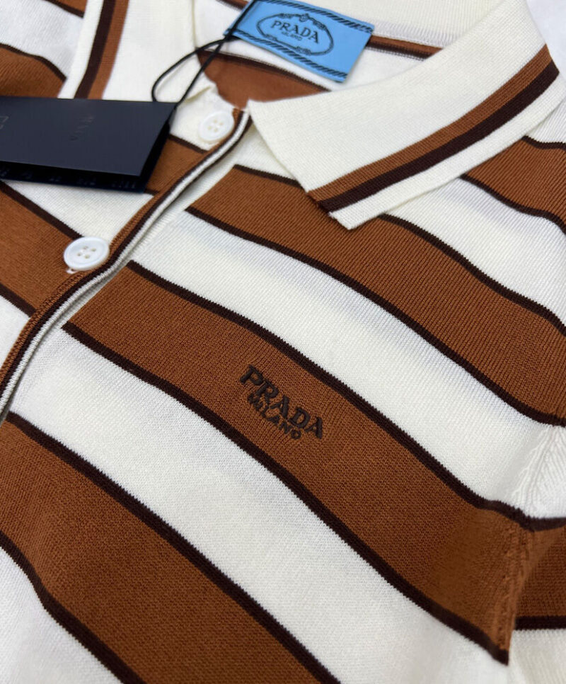 Prada Women's Short-sleeved Striped Cotton Cardigan Coffee