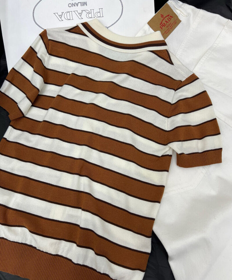Prada Women's Short-sleeved Striped Cotton Cardigan Coffee