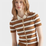 Prada Women's Short-sleeved Striped Cotton Cardigan Coffee