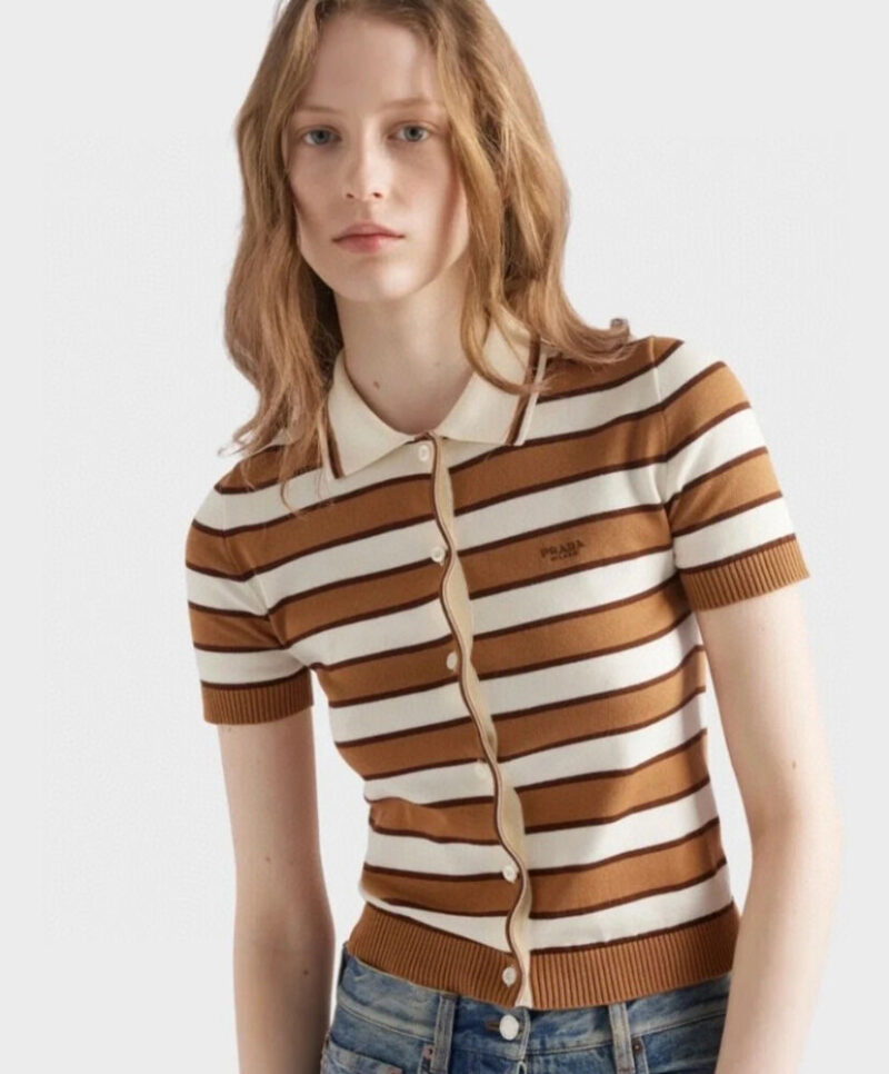 Prada Women's Short-sleeved Striped Cotton Cardigan Coffee